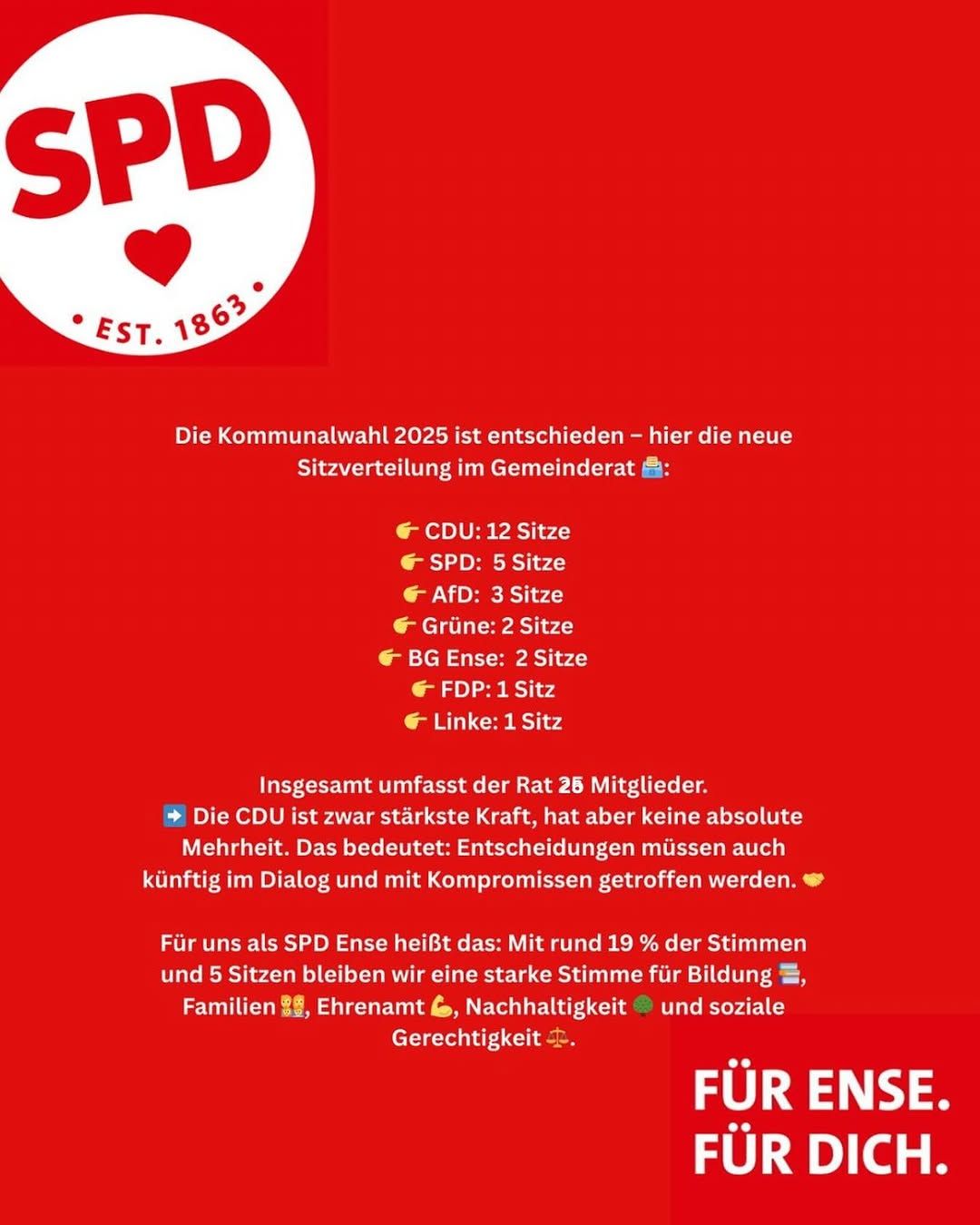 Instagram-Beitrag von SPD Ense: 📢 Nach der Kommunalwahl – wir schauen nach vorn!
Die Wahl liegt hinter uns. Zeit für eine kurze...